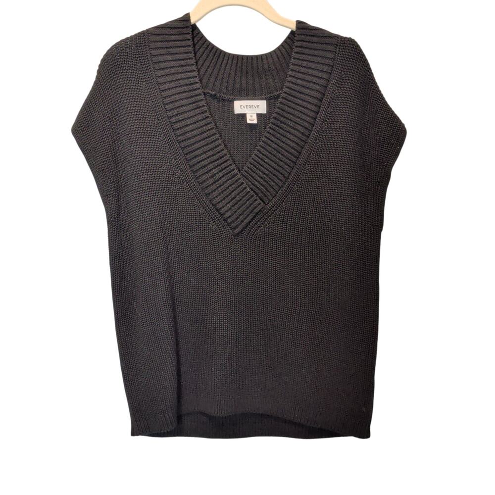 Evereve Women's Sz M Black Oversize Sweater Vest V Neck Modal